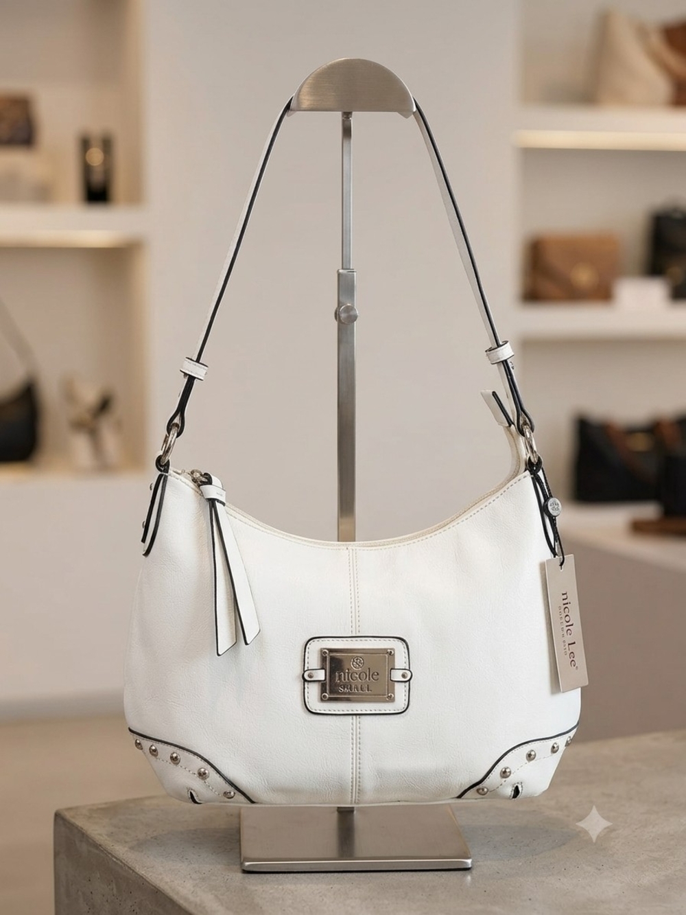 Stunning Nicole Lee Chic White Leather Hobo Shoulder Bag with Metal Logo Plaque